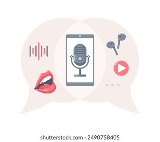 Microphone on smaptphone screen with open mouth, wireless earphones and sound icons inside speech bubbles, isolated on white background. Poscast concept. Flat vector illustration