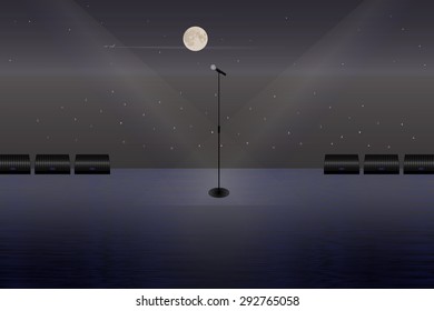 A microphone on a stage in the open air. Vector illustration for your design, banners, posters, flyers, web sites etc. 