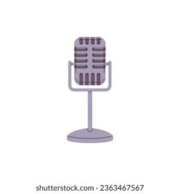 Microphone on a stand for audio recording and podcast radio broadcasts, flat vector illustration isolated on white background. Microphone audio transmitter.