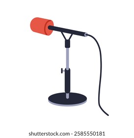 Microphone on stand with cable. Mic, professional audio equipment for broadcasting, recording, podcasting, live speech. Classic desktop mike. Flat vector illustration isolated on white background