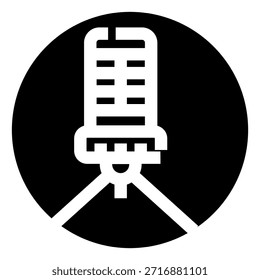 Microphone on a stand depicted as a simple black and white icon, representing concepts of sound recording, podcasting, broadcasting, and voice communication