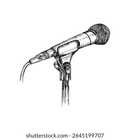 Um microfone em um suporte, esboço esboço desenho ilustração em estilo de gravação. Clipart de vetor desenhado à mão de um microfone, concerto, podcast, conceito de apresentação
