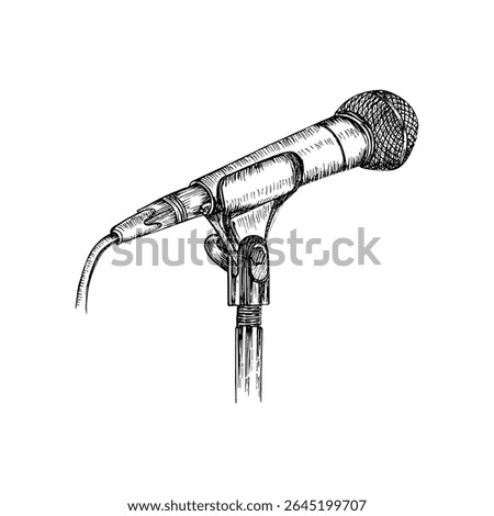 A microphone on a stand, outline sketch illustration drawing in engraving style. Hand-drawn vector clipart of a mic, concert, podcast, presentation concept