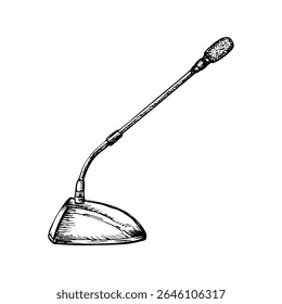 Um microfone em um suporte, apresentação conceito de fala. Ilustração de clipart de vetor desenhada à mão. Desenho de esboço de contorno no estilo de gravação de um microfone