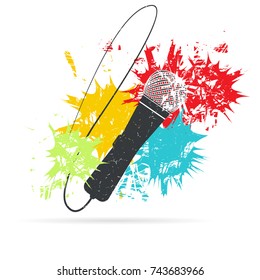 Microphone on white background with color spots. Grunge vector illustration