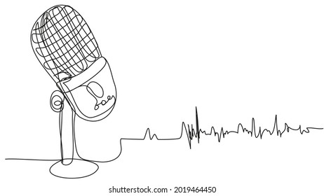 Micrófono con una pista de sonido de una línea en un fondo blanco. Ilustración de podcast vectorial.