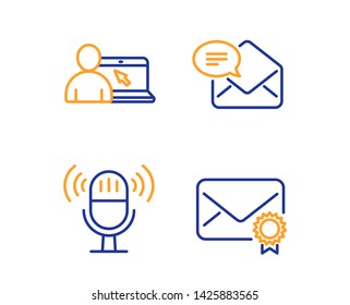 Microphone, Online education and New mail icons simple set. Verified mail sign. Mic, Internet lectures, Received e-mail. Confirmed e-mail. Education set. Linear microphone icon. Colorful design set