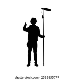 A microphone operator stands with a microphone in hand vector.