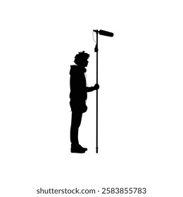 A microphone operator stands with a microphone in hand vector.