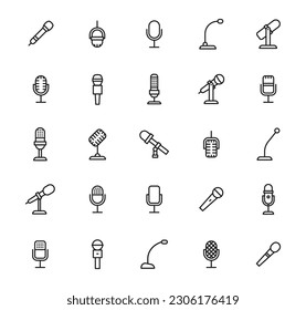 Microphone outline icon set. Mic line icons. Icons podcast, voice recognition and record. Vector Illustration.