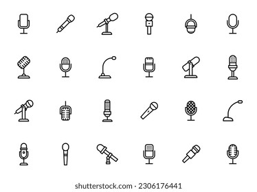 Microphone outline icon set. Mic line icons. Icons podcast, voice recognition and record. Vector Illustration.