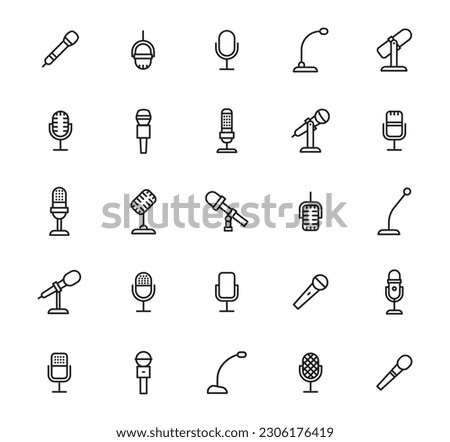 Microphone outline icon set. Mic line icons. Icons podcast, voice recognition and record. Vector Illustration.