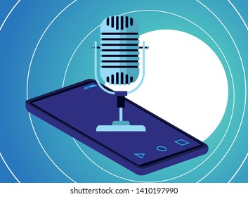 microphone over a cellphone icon cartoon with circular background vector illustration graphic design