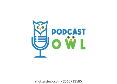 Microphone and owl logo design, podcast logo design, creative logo design, template, symbol, icon, idea. Vector illustration.