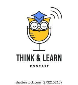 Mikrofon und Eule Logo und Symbol. Denken und Lernen pädagogischen Podcast Geek Konzept Design. Vektorgrafik und Design