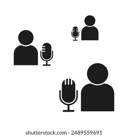 Microphone and person icons. Podcast recording symbols. Black silhouette design. Vector illustration.