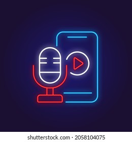 Microphone with phone color neon icon. Podcast. Thin line symbols. Isolated vector illustrations.