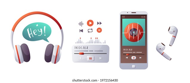 Microphone, Phone, headphones, earphones and music control. Podcast, Streaming, Online show, blogging, radio broadcasting concept.  isolated vector illustration for poster, banner, advertising.