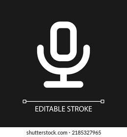 Microphone pixel perfect white linear ui icon for dark theme. Voice message. Record audio. Vector line pictogram. Isolated user interface symbol for night mode. Editable stroke. Arial font used