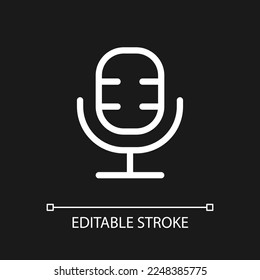 Microphone pixel perfect white linear ui icon for dark theme. Audio recording tool. Voice over. Vector line pictogram. Isolated user interface symbol for night mode. Editable stroke. Arial font used