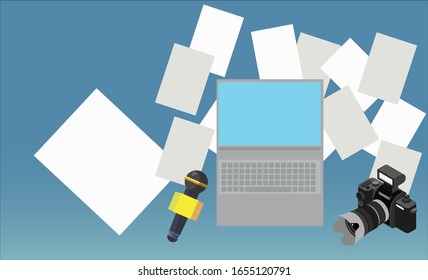 Microphone placed next to a notebook and camera, colored paper sheets On a blue background