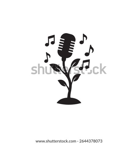 A microphone plant with musical notes floating around it in a black and white vector illustration