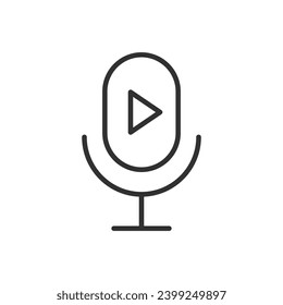 A microphone with a play button, linear icon. Listening to the sound recording. Line with editable stroke