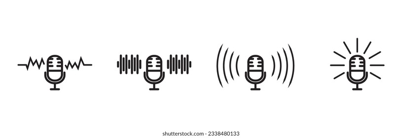 Microphone podcase icon set in trendy design. Retro microphone vector with effect. Simple pictograms for mobile concept and web apps. Vector line icons isolated in white background.