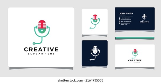 Microphone Podcast Audio Logo Template With Business Card Design Inspiration