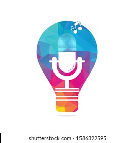 microphone Podcast bulb shape concept logo design. Studio table microphone with broadcast icon design. microphone logo.	