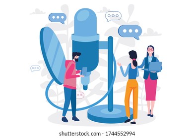 Microphone, podcast, characters, Vector illustration for web banner, infographics, mobile. news.