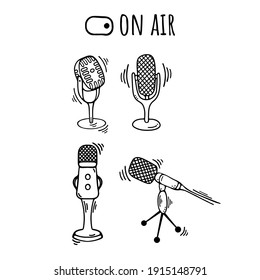 Microphone podcast doodle. Online concept. Modern scetch vector illustration for blogger. Digital background.