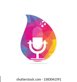 microphone Podcast drop shape concept logo design. Studio table microphone with broadcast icon design.	