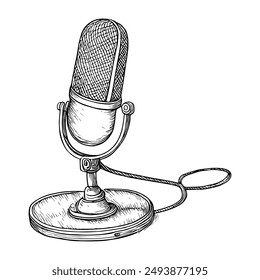 Microphone for Podcast, Hand-Drawn Vector Illustration, Graphic Style