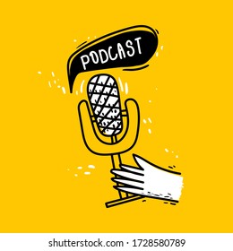 Microphone, podcast illustration . Media. The girl tells the story, a sign with the inscription podcast, broadcasts in the workplace. Isolated cartoon character. Vector. Manual illustration.