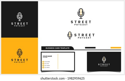 microphone podcast logo design with street line concept and business card template