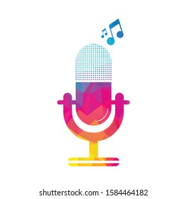 microphone Podcast logo design. Studio table microphone with broadcast icon design. microphone logo.	