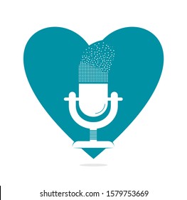 microphone Podcast pixels effect heart shape concept logo design. Studio table microphone with broadcast icon design.	