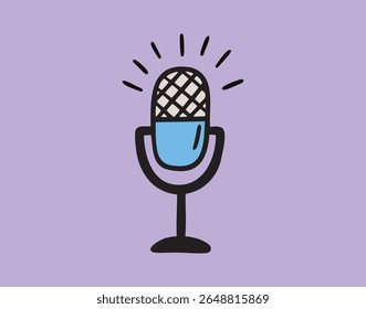 Microfone para gravação de podcast com ondas de som em fundo roxo. Ilustração vetorial