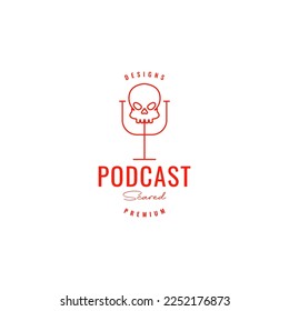 microphone podcast singing talking skull lines hipster logo design vector icon illustration template