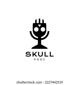 microphone podcast with skull logo design vector