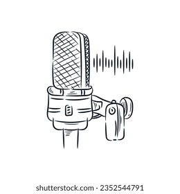 Microphone podcast and sound waveform sketch line vector hand drawn illustration