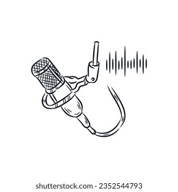 Microphone podcast and sound waveform sketch line vector hand drawn illustration