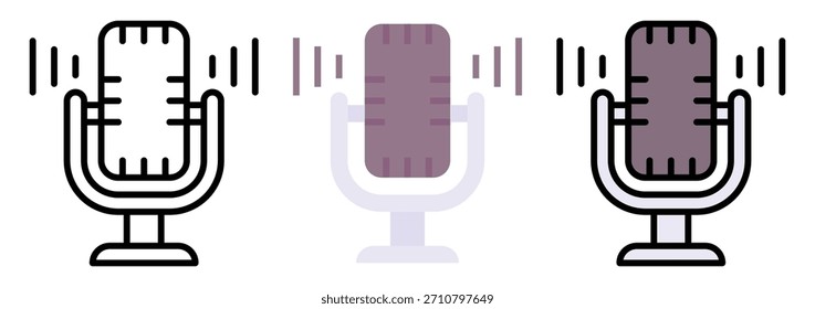 Icono del Vector del podcast del micrófono fijado en esquema, color y estilo plano