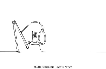 Micrófono y filtro pop de una línea de arte. Dibujo continuo en línea de música, micrófono, radiodifusión, micrófono, radio, música, karaoke, audio, sonido, retro, grabación, difusión, medios de comunicación