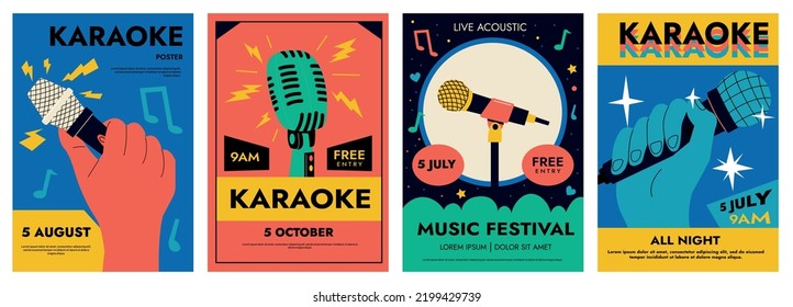 Microphone posters. Cartoon advertising wallpaper for standup open mic comedy, karaoke club, flyer banner design for broadcast music concert promotion. Vector illustration. Festival, vocal performance - Shutterstock ID 2199429739