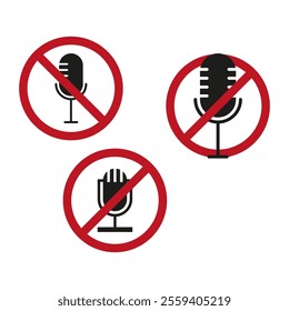 Microphone prohibited sign. No sound icon. Red circle restriction. Black microphone vector.