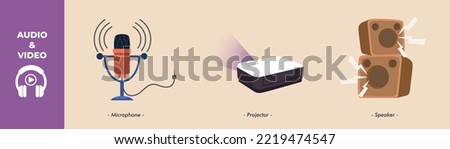 Microphone, Projector and Speakers icon. Audio and Video set concept. Colored flat graphic vector illustration isolated.
