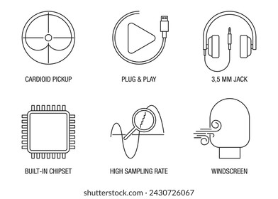 Microphone properties and benefits icons set for labeling, in thin line. High sampling rate, Built-in chipset, Windscreen, Cardioid pickup, Plug and play, 3,5 mm jack for earphones