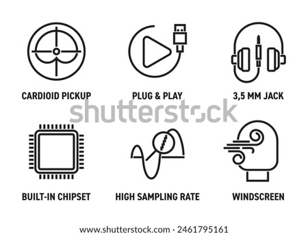 Microphone properties and benefits icons set for labeling, in bold line. High sampling rate, Built-in chipset, Windscreen, Cardioid pickup, Plug and play, 3,5 mm jack for earphones